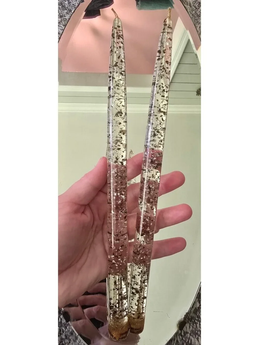 2 Lucite Taper Candles 12 in Gold & Silver Foil Flakes
